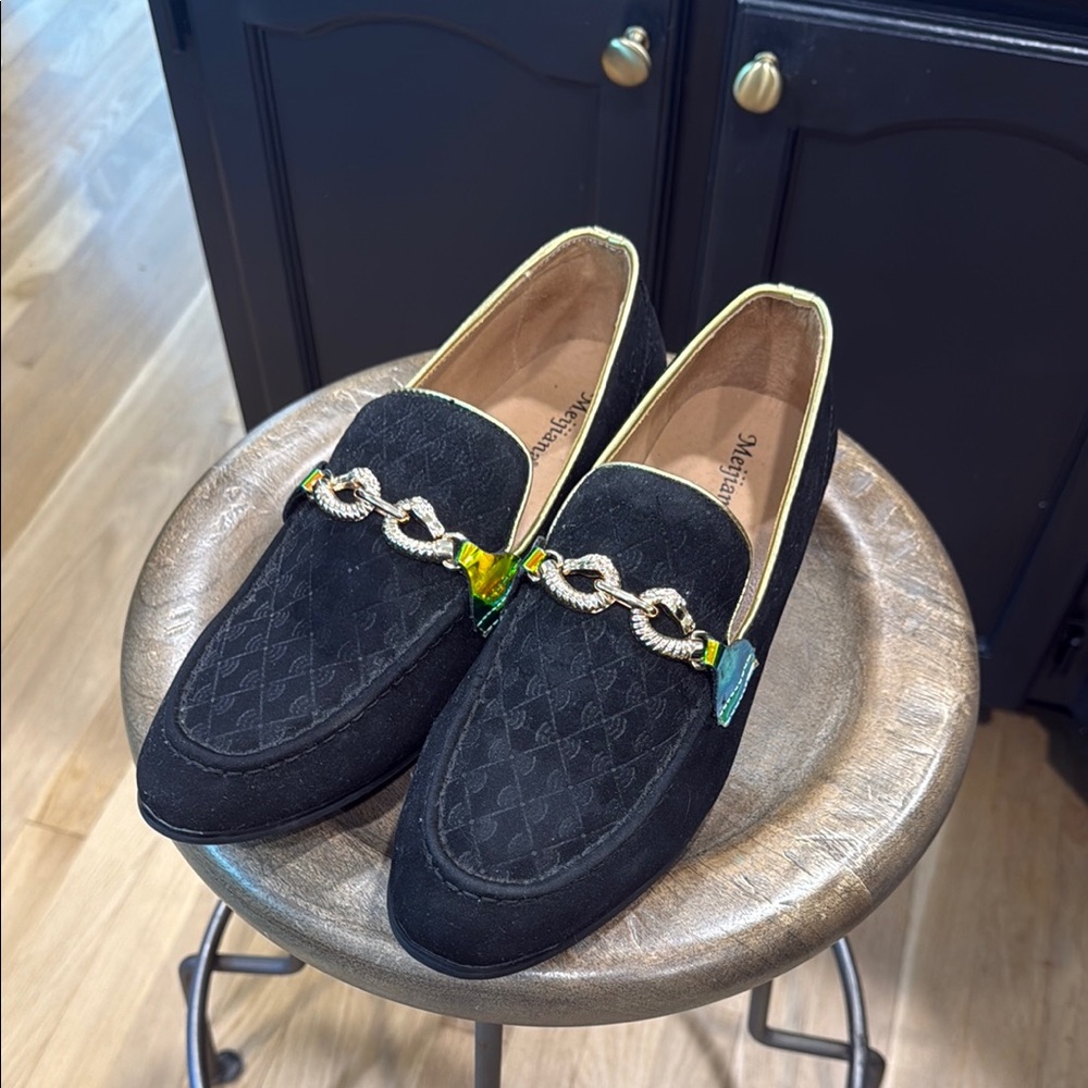 Men's velvet like Black Loafers with Gold Accents